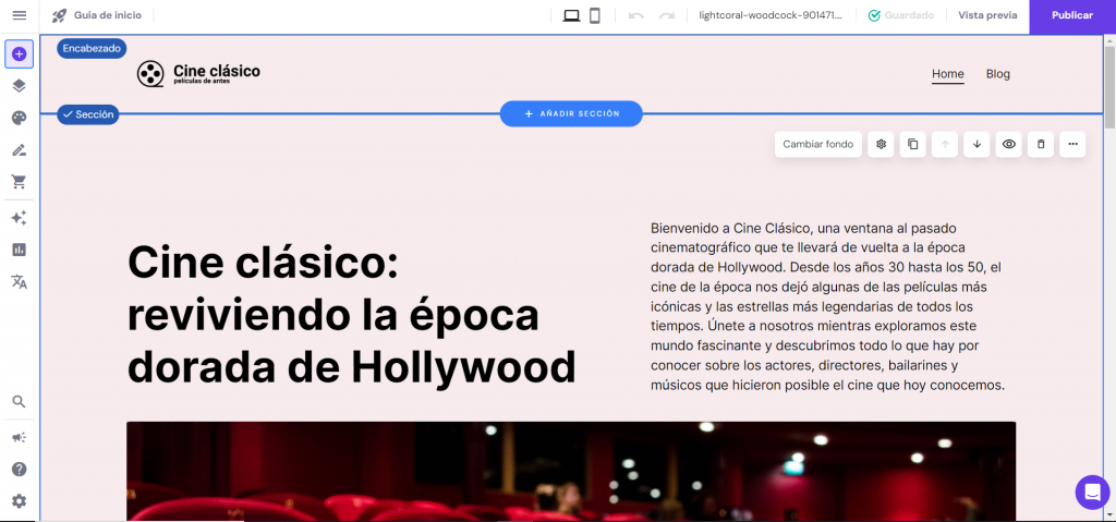Imagen del editor del creador de sitios web de Hostinger.