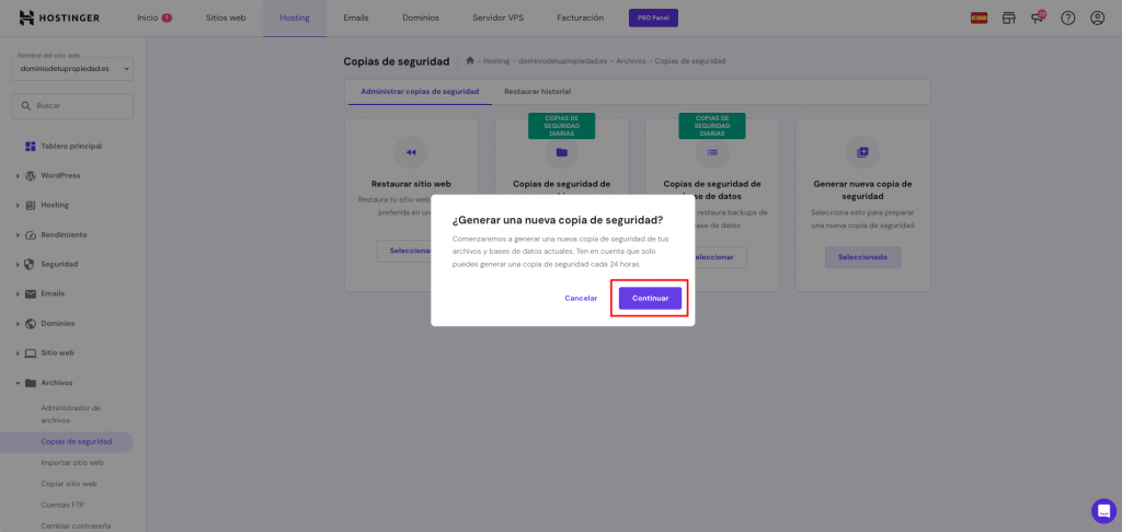 Generar copia de seguridad en Hostinger