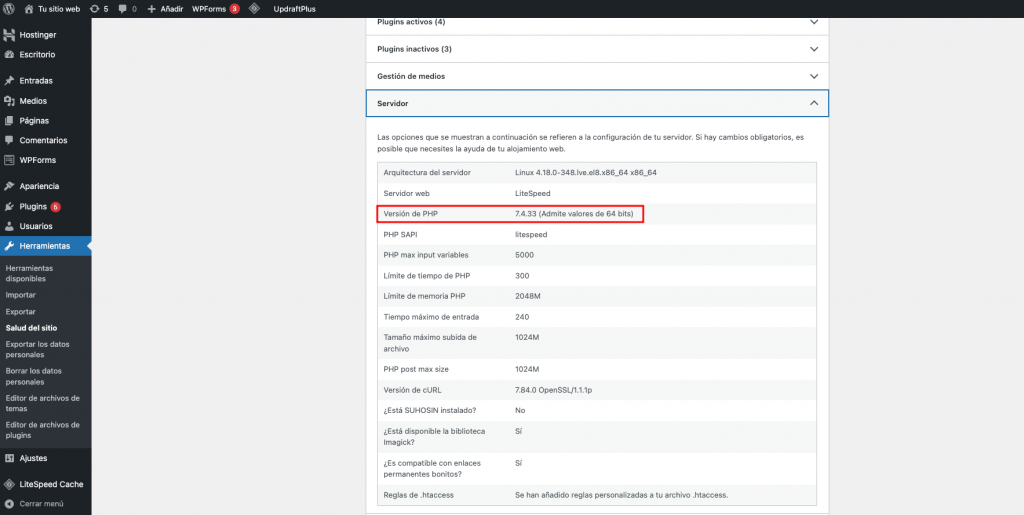Versión PHP en WordPress - Hostinger