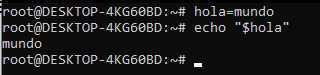Se declara una variable en la terminal y el comando echo imprime la variable.