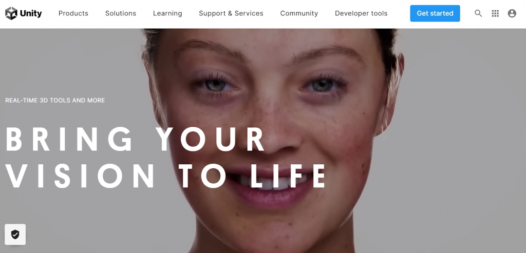 Página de inicio del sitio web Unity.