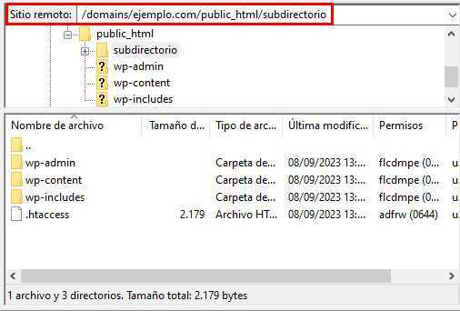 Visualización de la subcarpeta del sitio web