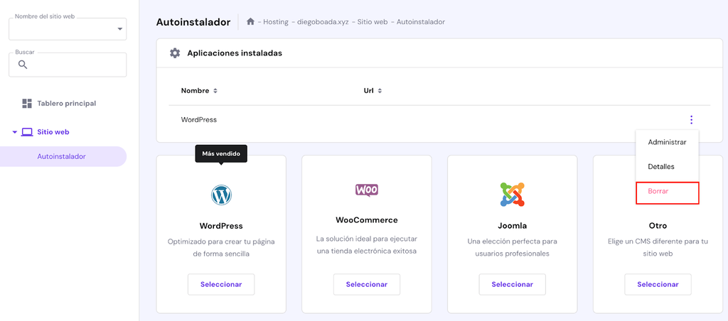Opción Borrar sitio web del menú Autoinstalador de hPanel