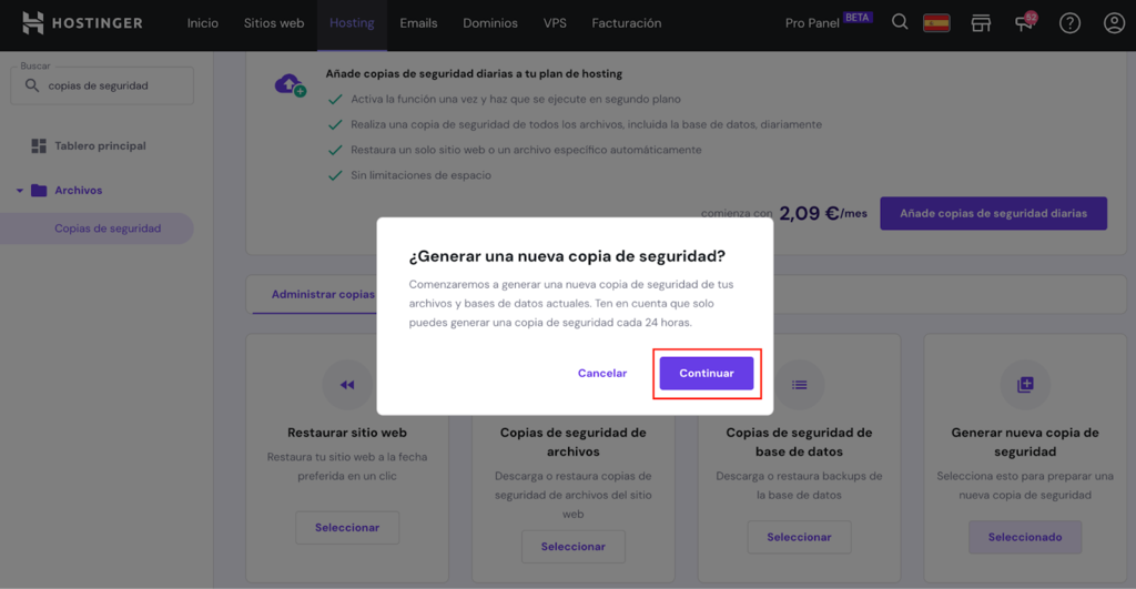 Opción Generar copia de seguridad de hPanel