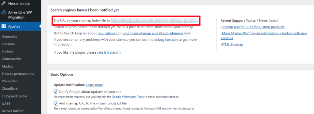 Ajustes del plugin Google XML Sitemaps