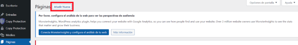 Sección de Añadir Nueva página en WordPress