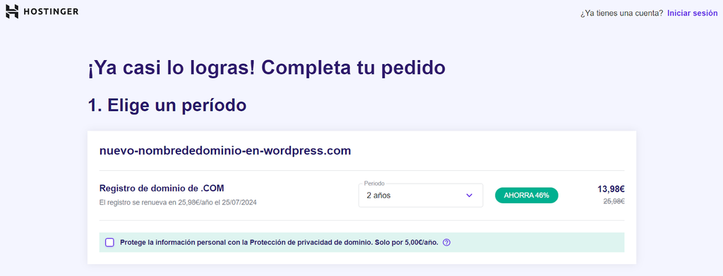 Proceso de compra de un dominio en Hostinger
