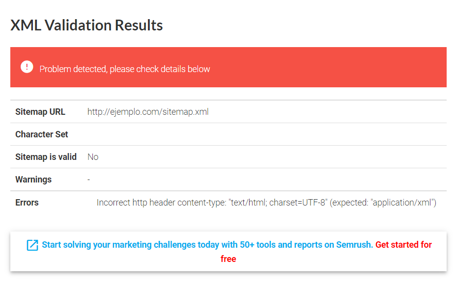 Mensaje de problema detectado en sitemap