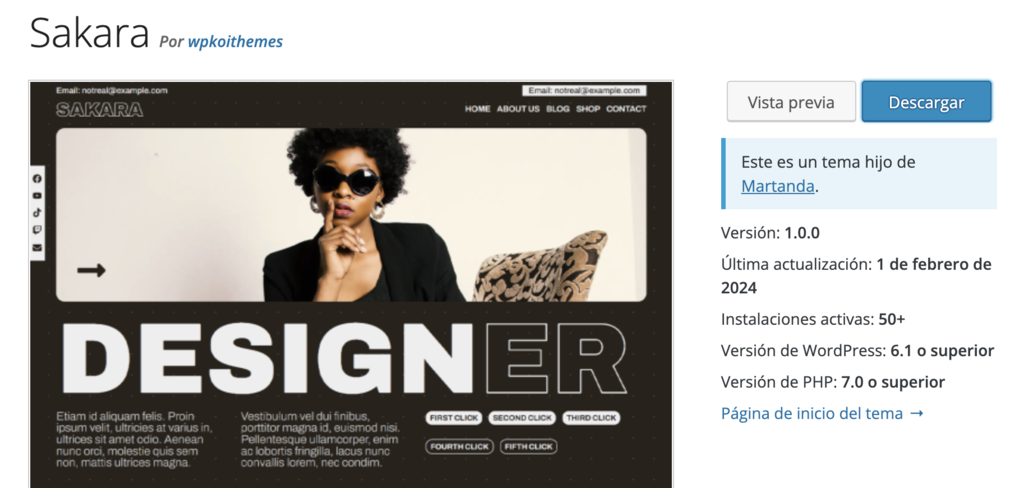 Página de Sakara en el directorio de temas de WordPress