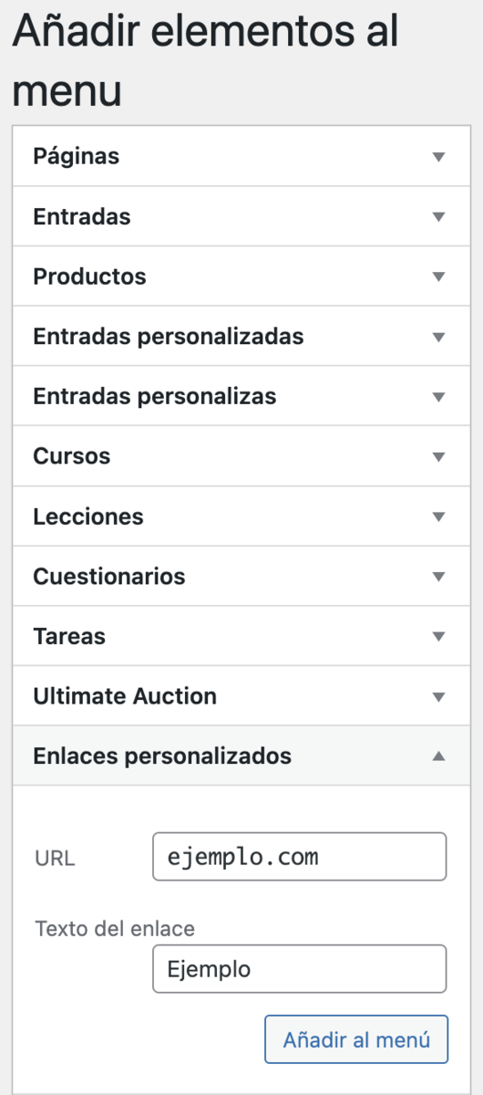 Sección de enlaces personalizados de WP