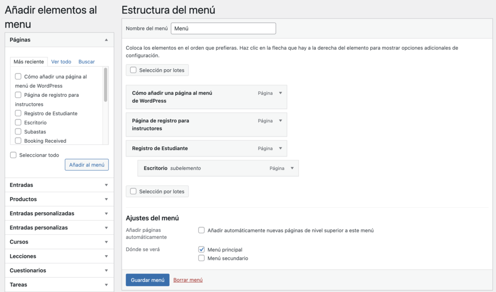 Estructura del menú creado en WordPress