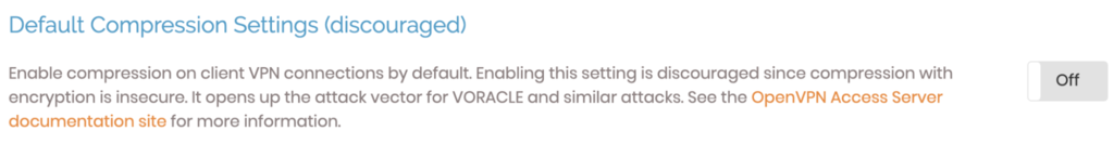 La configuración de compresión por defecto en un panel OpenVPN