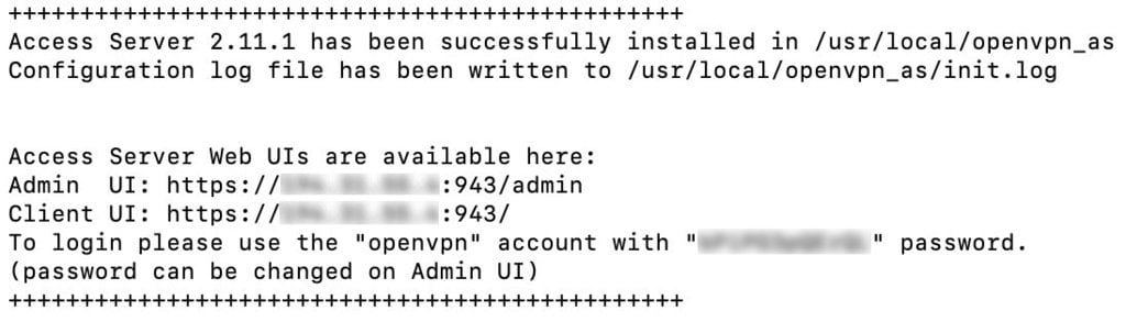 La ventana del terminal muestra una instalación correcta del servidor OpenVPN Access. 