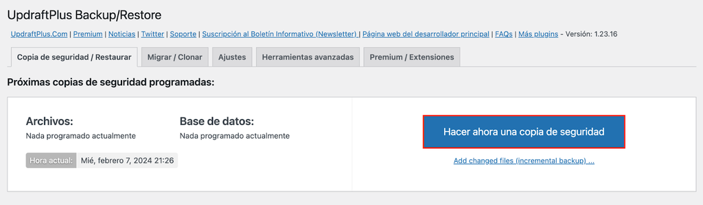 Sección de UpdraftPlus en WordPress