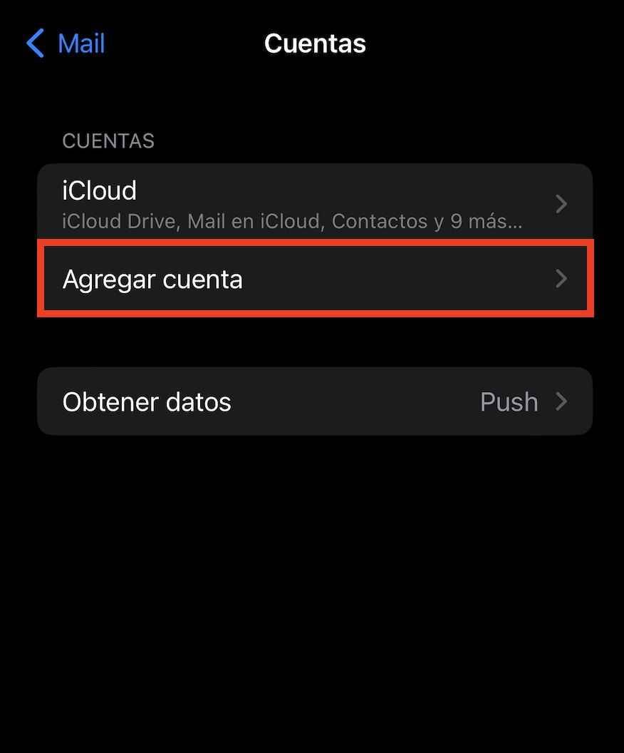 Opción de Agregar cuenta en Mail de iPhone