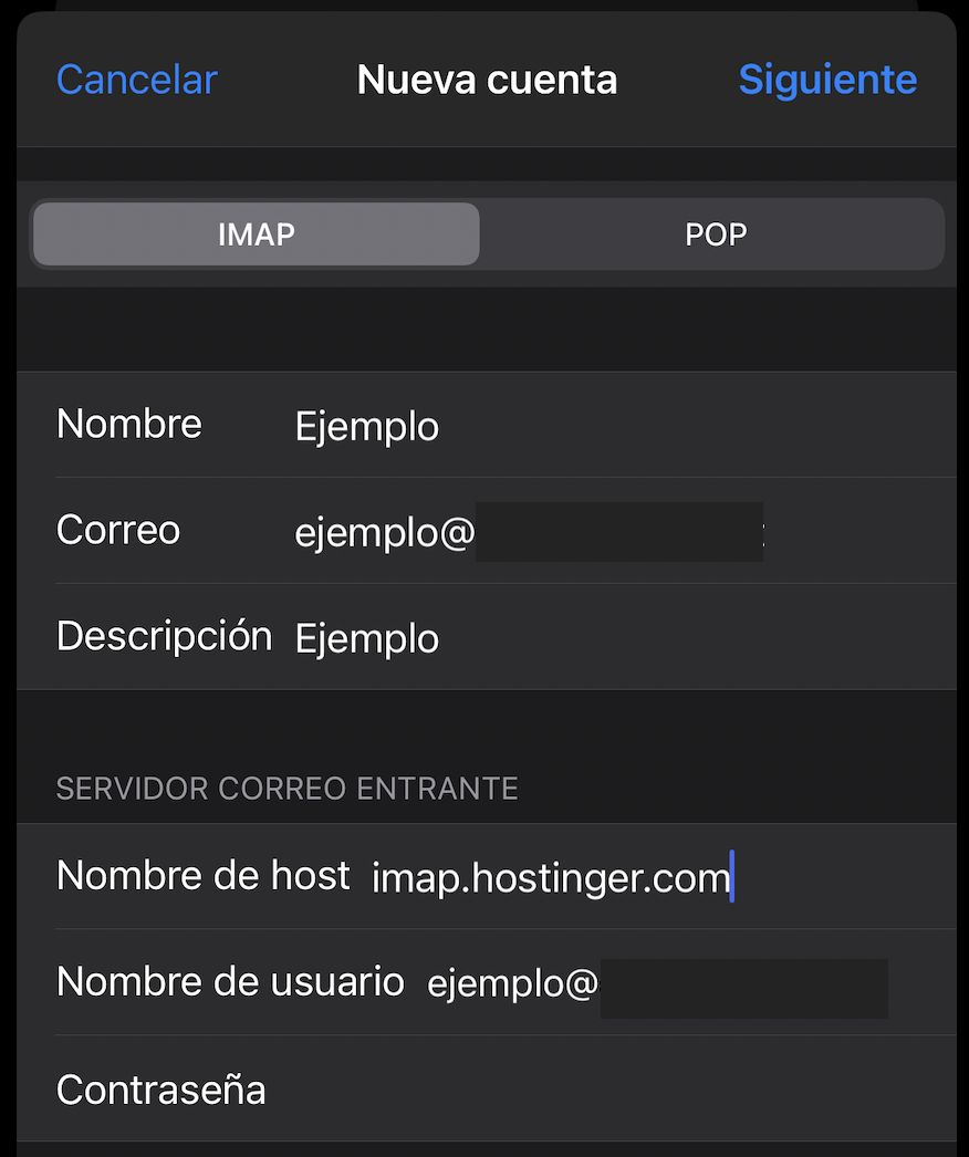 Detalles de nueva cuenta en Mail de iPhone