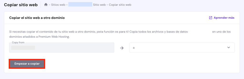 Proceso de Copiar sitio web en hPanel