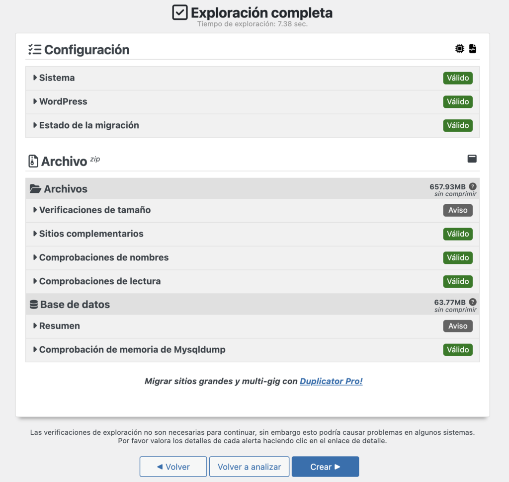 Reporte de Duplicator en WP
