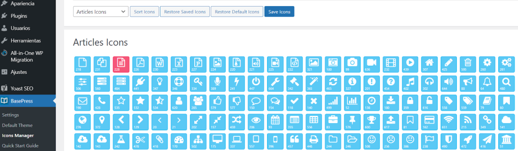 Sección de iconos de BasePress en WordPress