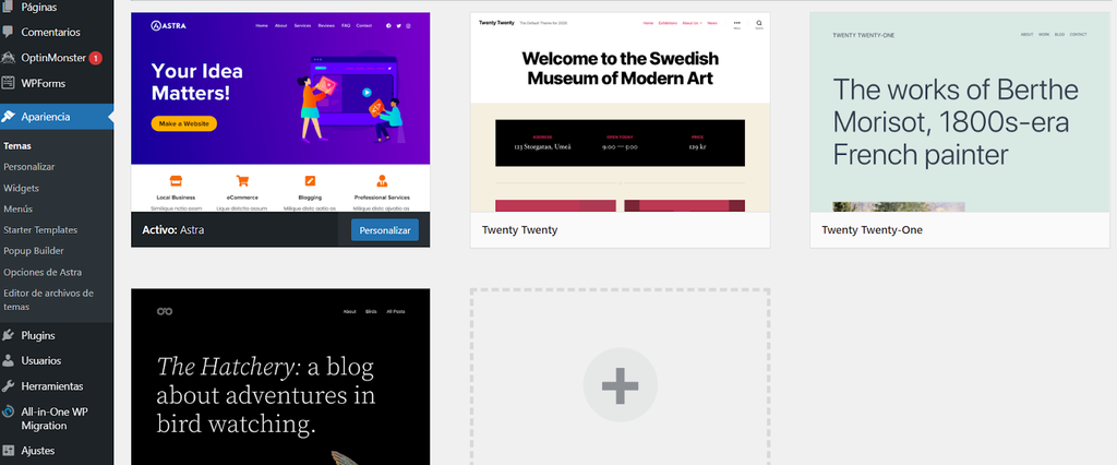 Sección de temas de WordPress