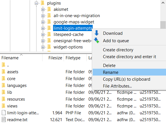 Opciones de la carpeta del plugin Limit Login Attempts Reloaded