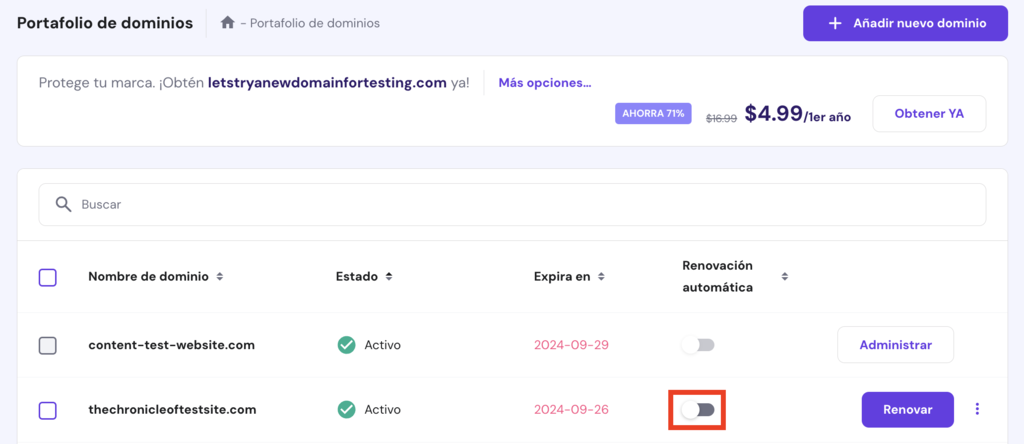 Renovación automática de dominios en hPanel