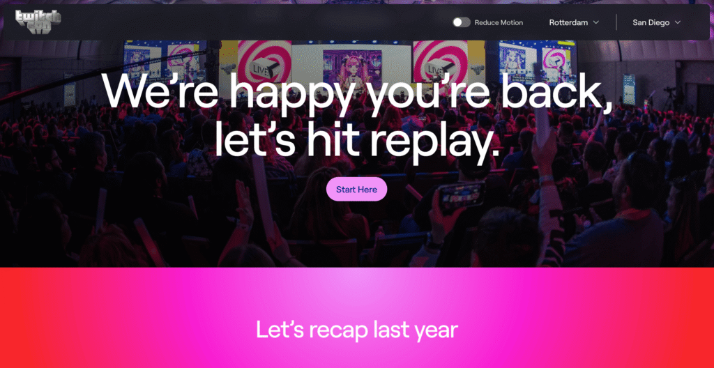 Homepage van TwitchCon en een voorbeeld van een statische website