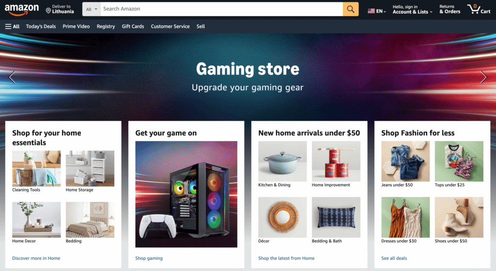 Homepage van Amazon en een voorbeeld van een dynamische website