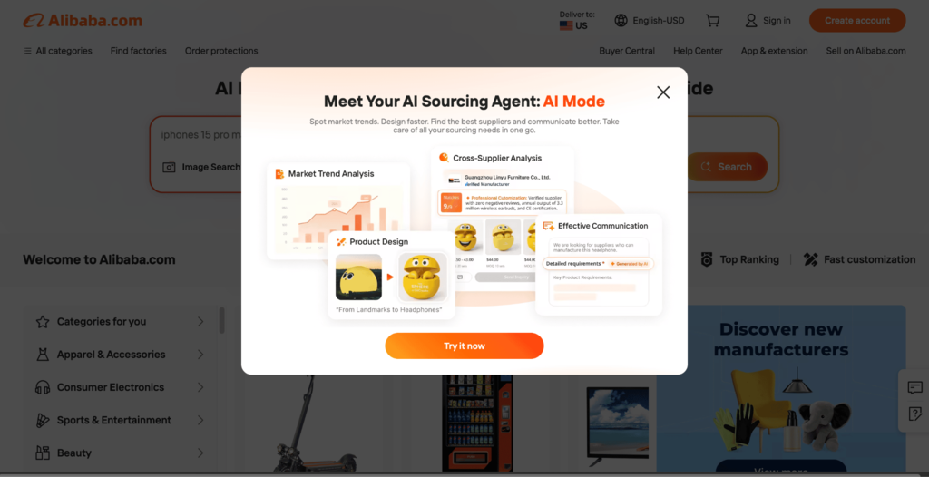 Homepage van Alibaba met pop-up met AI-functies
