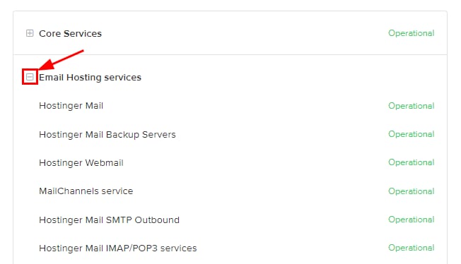The Hostnger status page showing Email Hosting services status