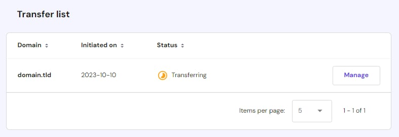 The domain transfer list showing active transfer and status on Hostinger Members Area