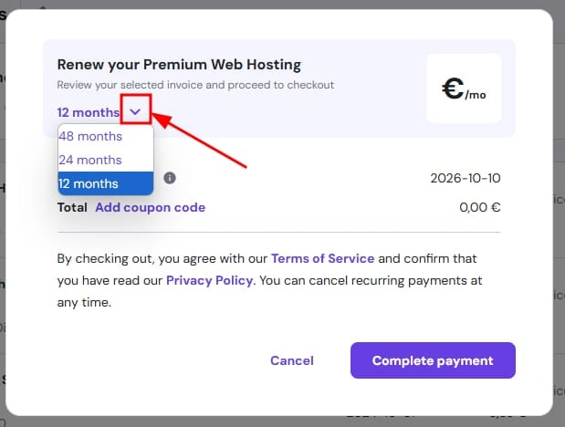 The dropdown list to change the renewal period.