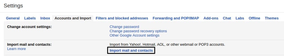 The Import mail and contacts option in Google Workspace mail settings