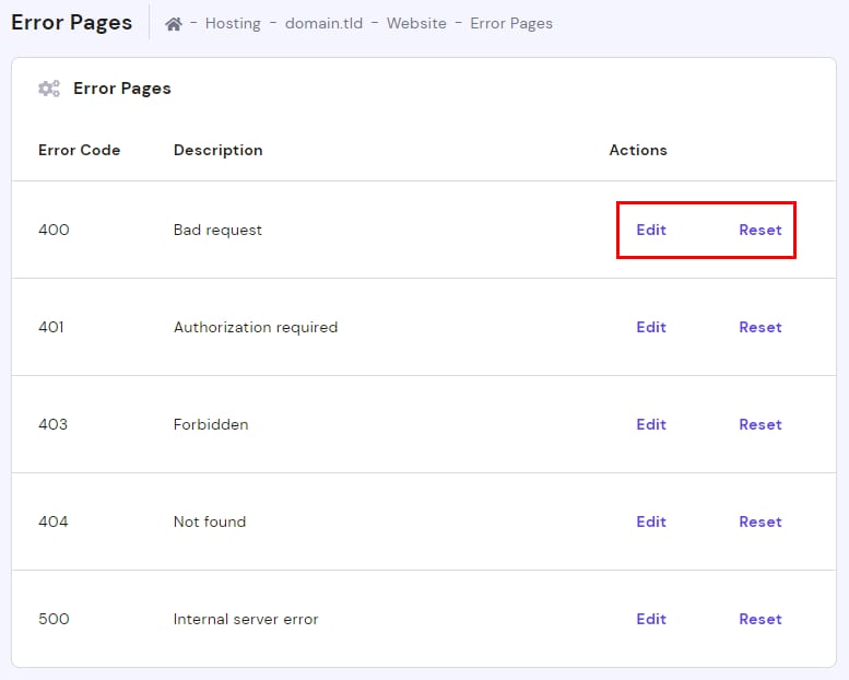 The list of Error Codes and how to edit or reset the page