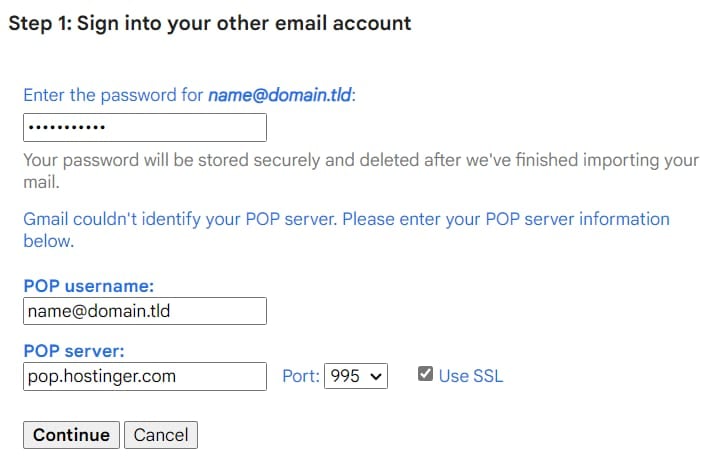 The sign in options to import email