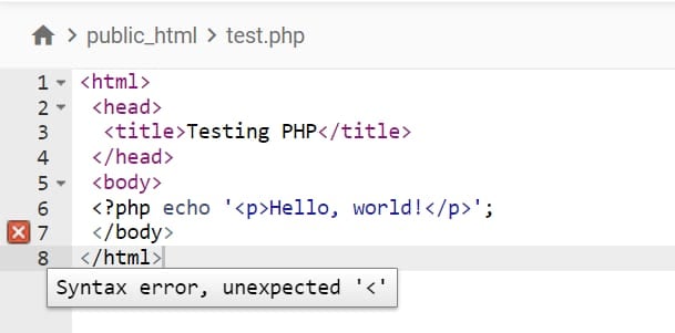 A syntax error detected on File Editor including the line and description