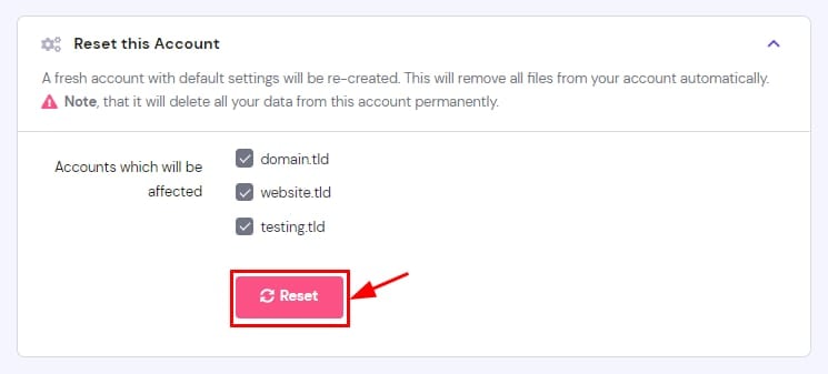 The Reset this Account section showing all the hosting plan's websites and the reset button