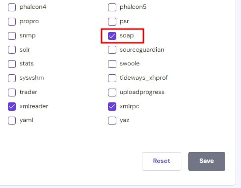 The PHP extensions on hPanel showing how SOAP is enabled