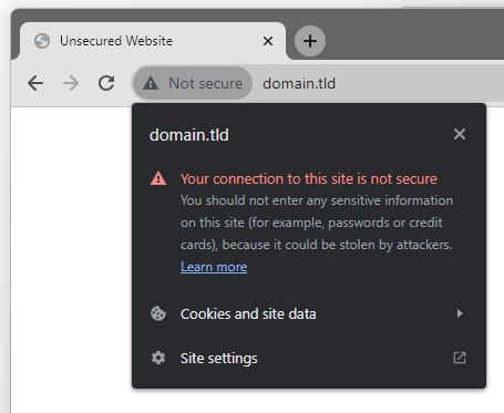 The not secure warning on the browser