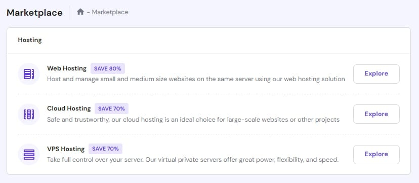 The options to purchase a hosting plan from hPanel at Hostinger.