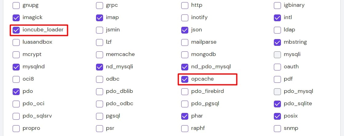The list of available PHP extensions showing ioncube_loader and opcache, and how to enable them