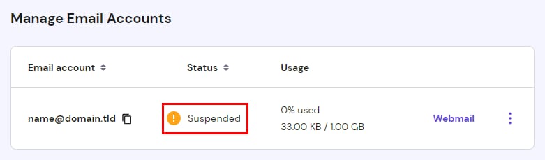 The Manage Email Accounts section showing a suspended account