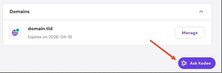 The Ask Kodee button to contact support at Hostinger's hPanel.