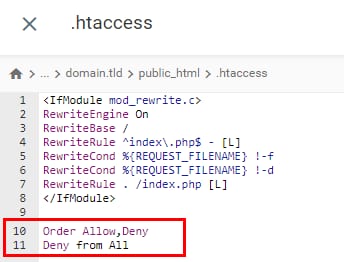 The Deny from All rule in the website's .htaccess file