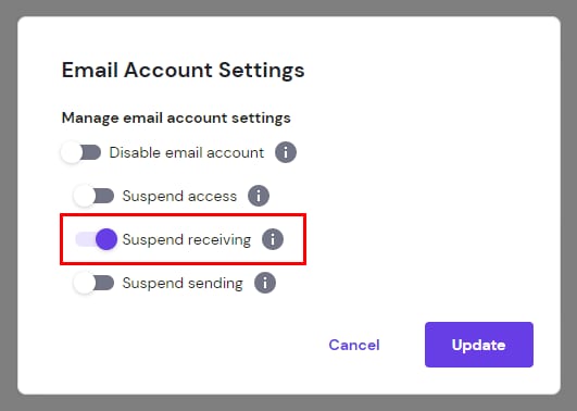 The Email Account Settings showing the toggle of suspend receiving