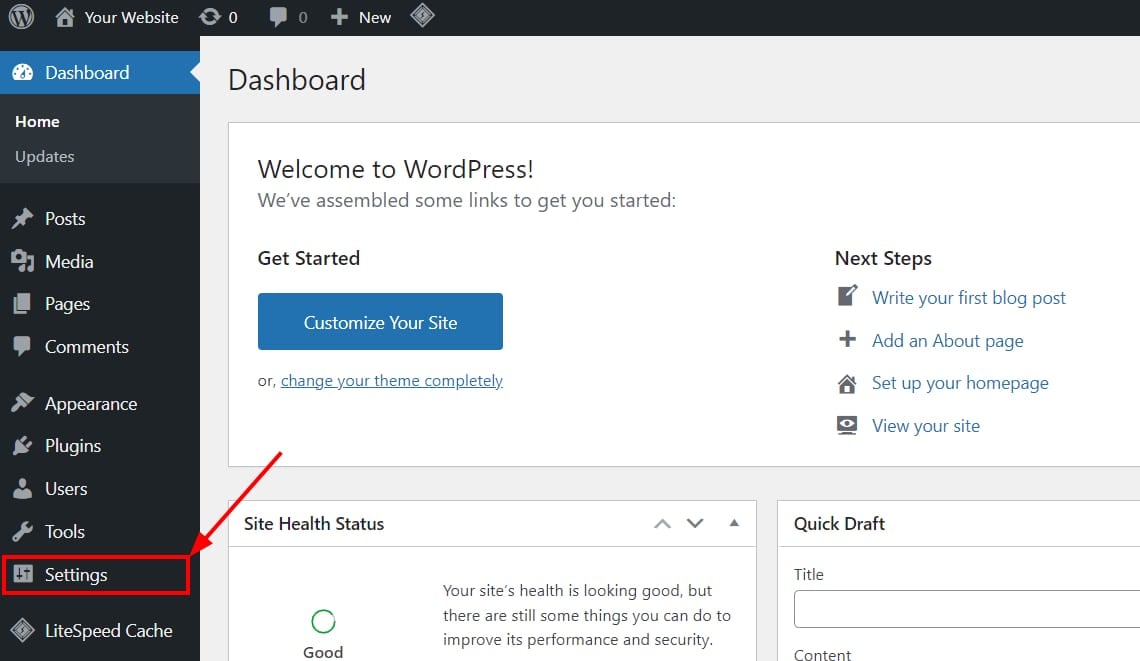 The Settings meunu option on the WordPress Admin area