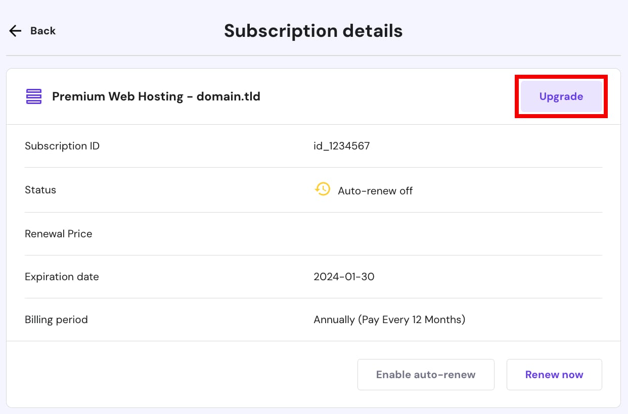 The Subscription details in the Billing section showing where to upgrade the hosting plan