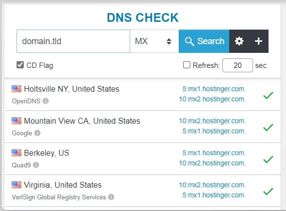 DNS Checker tool showing that Hostinger Email MX records are propagated: 5:mx1.hostinger.com and 10:mx2.hostinger.com