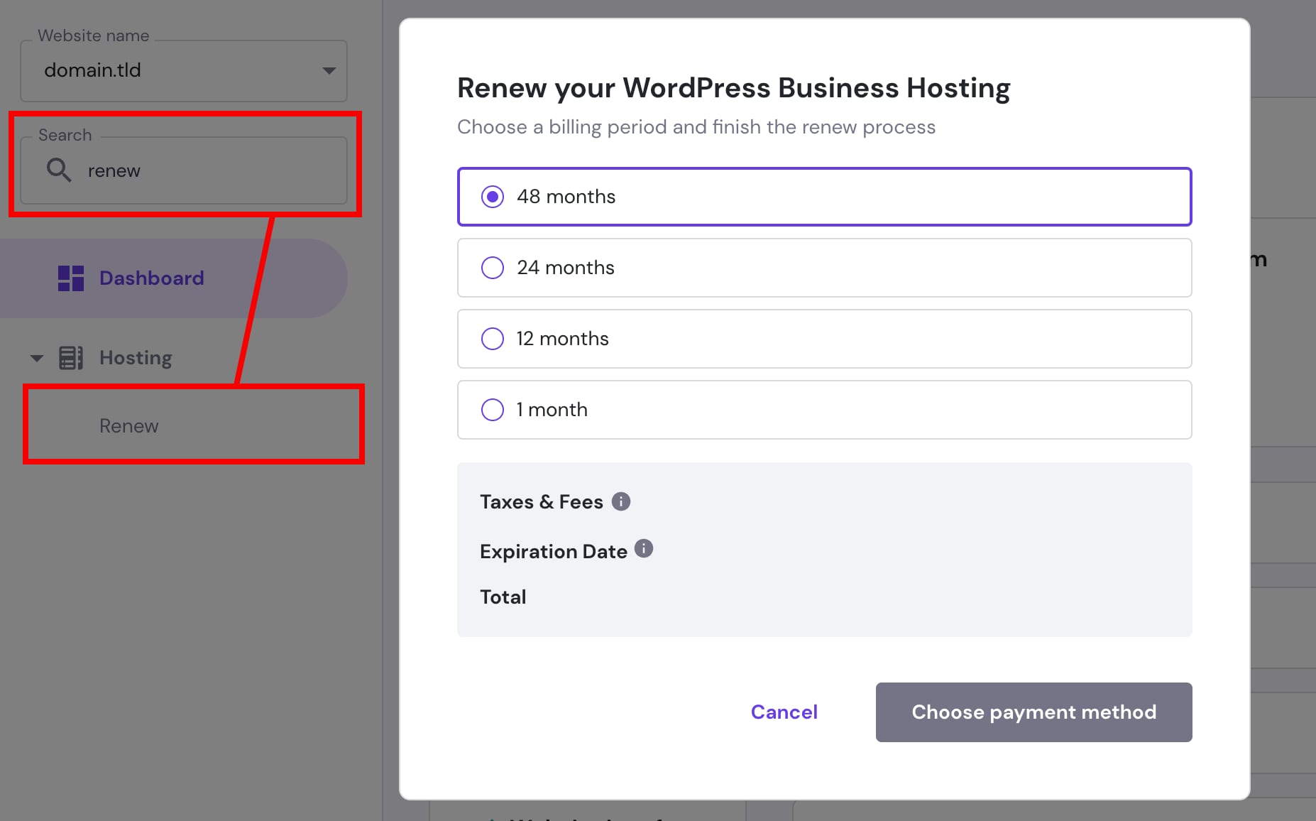 Renewing a hosting plan at Hostinger