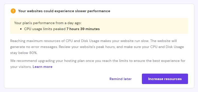 The message “Your websites could experience slower performance” shown on Resources Usage section